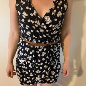 Surplice front navy and cream floral belted dress